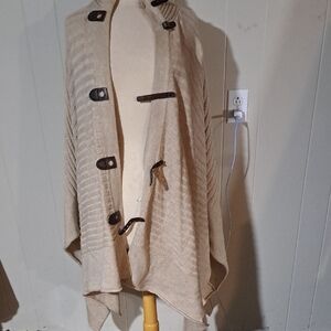 Reba Cream Knit Poncho with Leather Accents